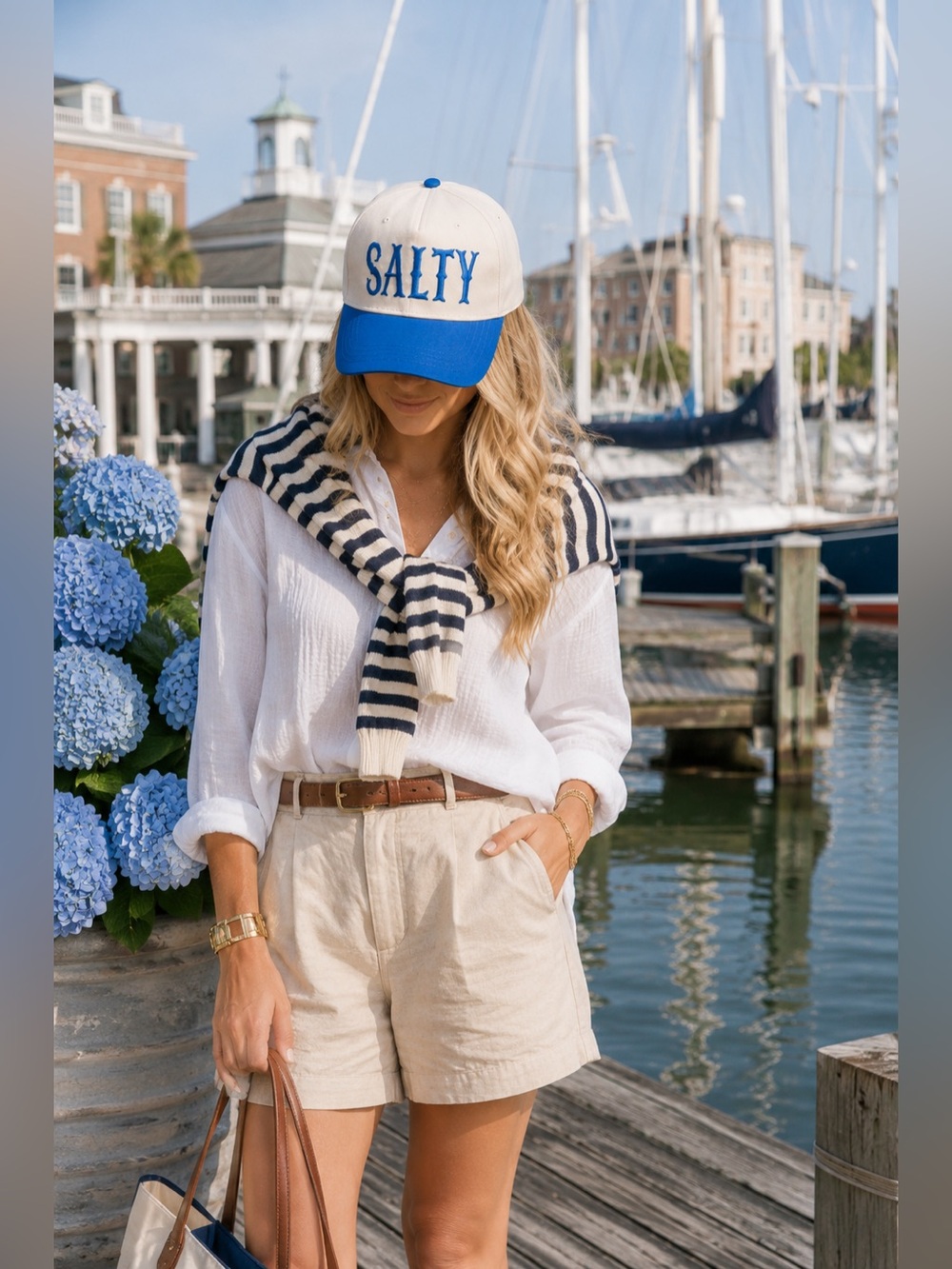 SALTY Coastal Trucker Hat Blue & Ivory Embroidered Baseball Cap | Beach Vacation - Picture 2 of 5